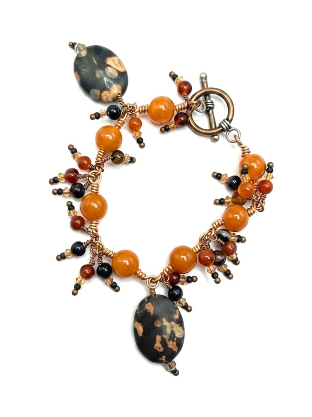 Vintage Copper Tone Boho Artisan Orange & Brown Stone Beaded Charm Bracelet